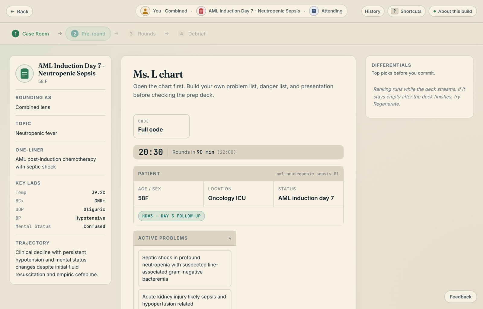The Pre-round view: patient chart with key labs, active problems, and a differentials panel.